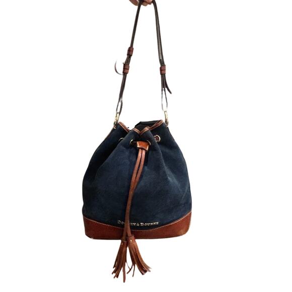 Dooney & Bourke Navy Suede Bucket Bag Brown Leather Drawstring Tassel - Picture 4 of 10